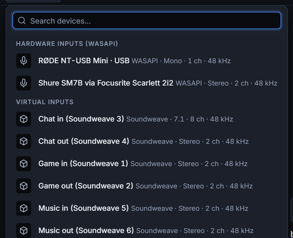 The Add input popover with a search field and the groups Hardware inputs and Virtual inputs, which lists the six cables Chat in, Chat out, Game in, Game out, Music in and Music out