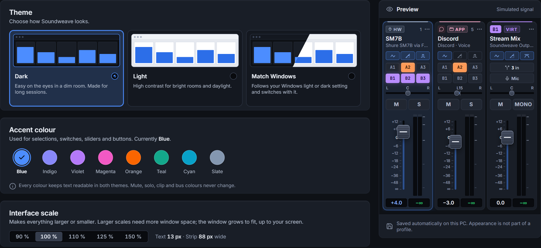 The Appearance settings: theme, accent colour and interface scale