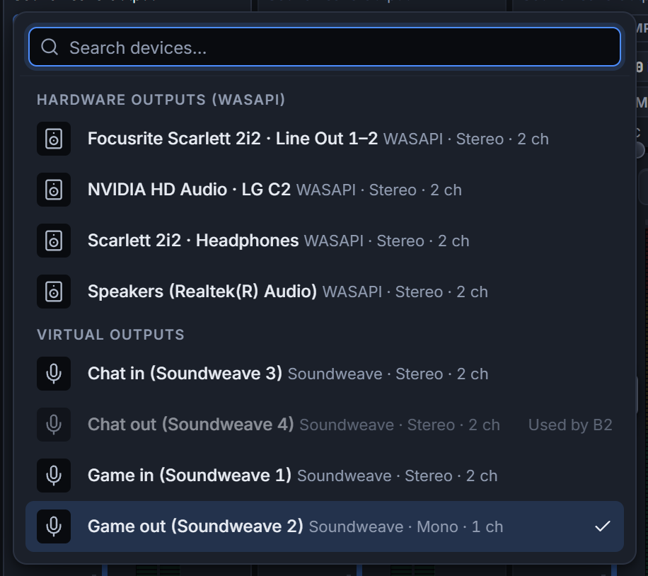 The Choose outputs popover of a virtual bus: under Virtual outputs the Game out cable is ticked and Chat out shows that another bus uses it