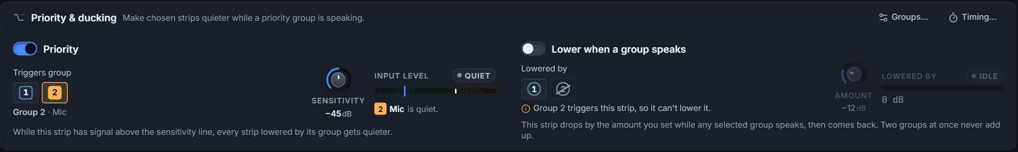 The priority and ducking card: priority switch and sensitivity on the left, lowered-by groups and amount on the right