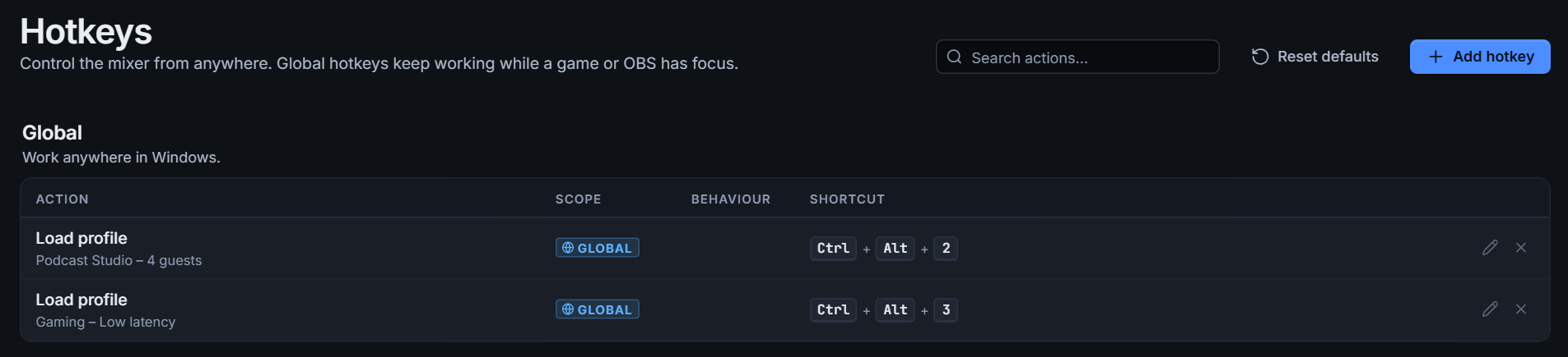 The Hotkeys page with two global load-profile shortcuts