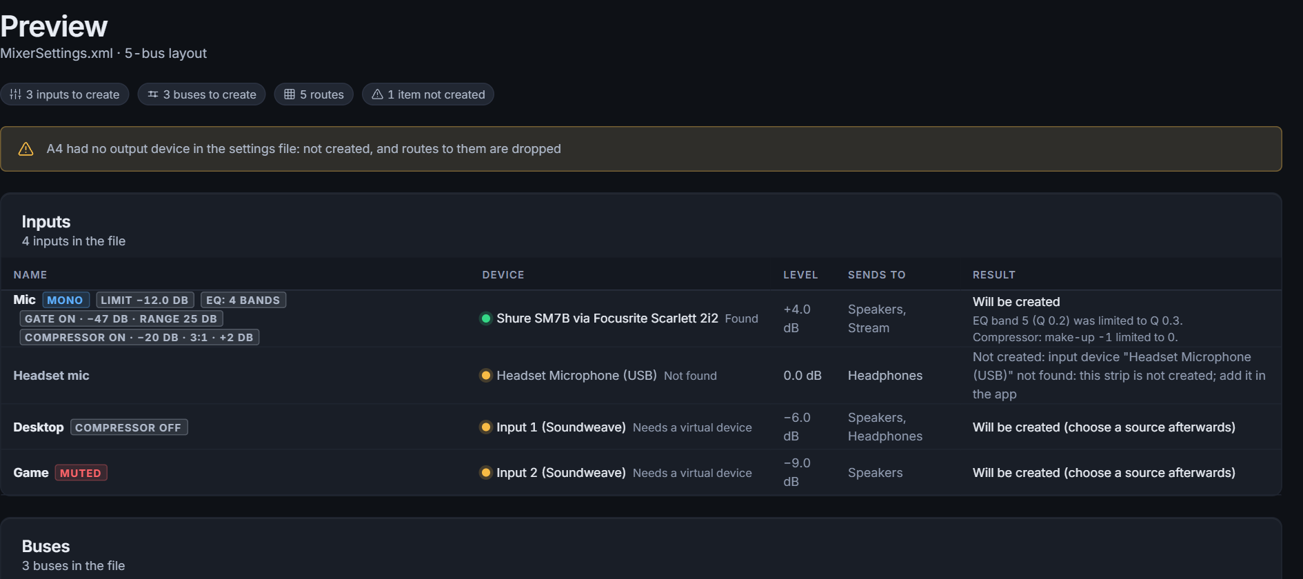 The import preview listing inputs, buses and what will be created, with notes about values that were limited