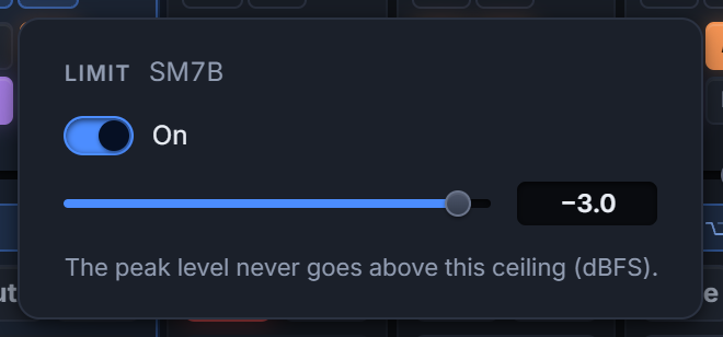 The Limit popover of an input strip: the limit is switched on and the ceiling is minus 3 decibels