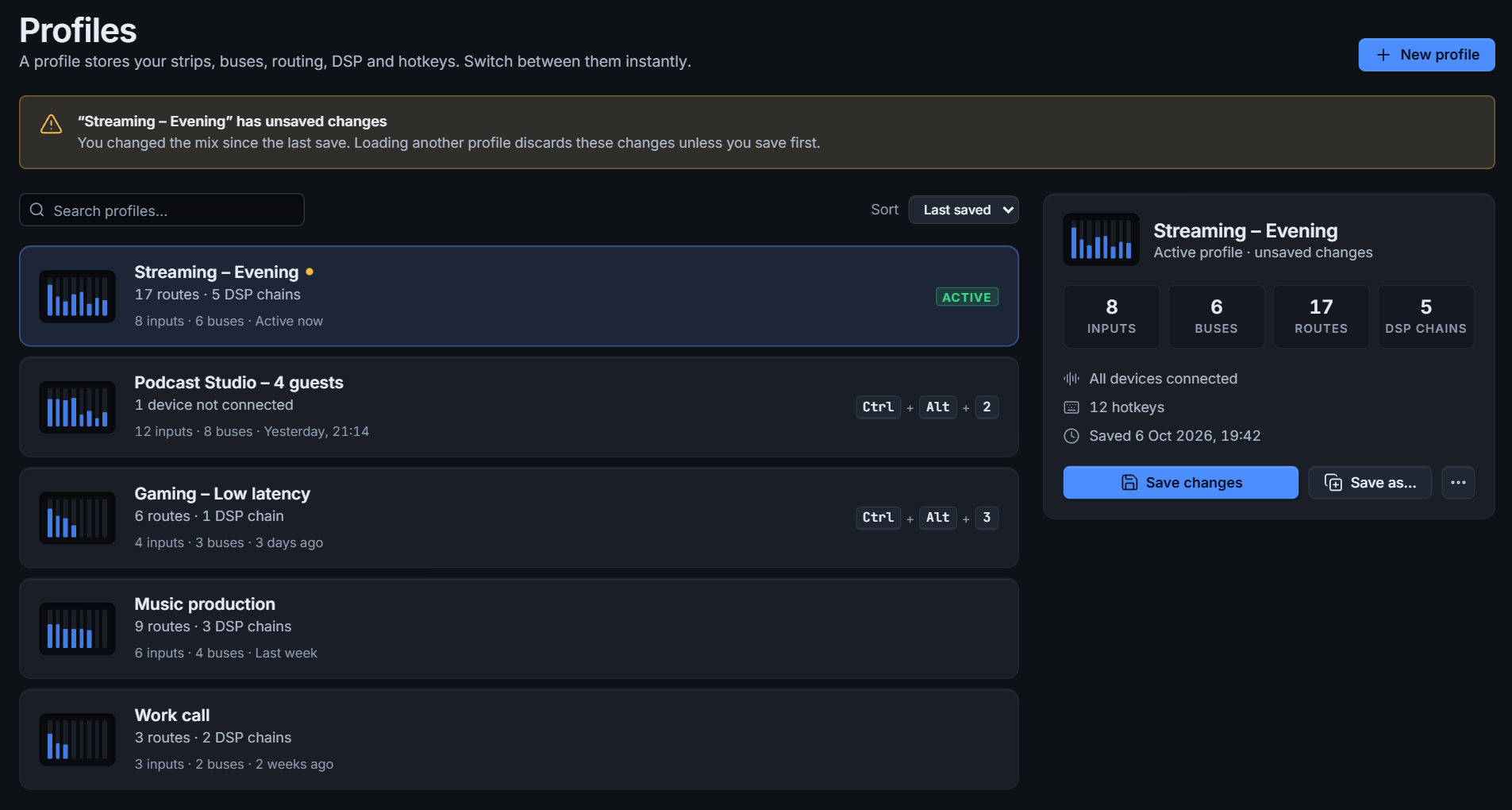 The Profiles page with a list of saved profiles and a detail card
