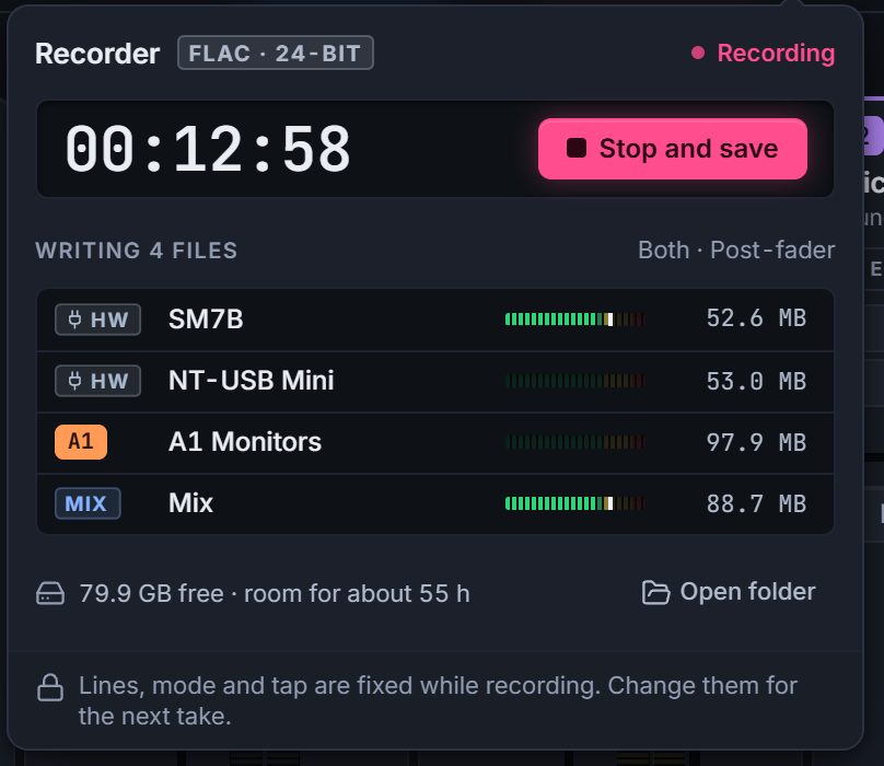 A recording in progress: timer, Stop and save button and the files being written with their sizes