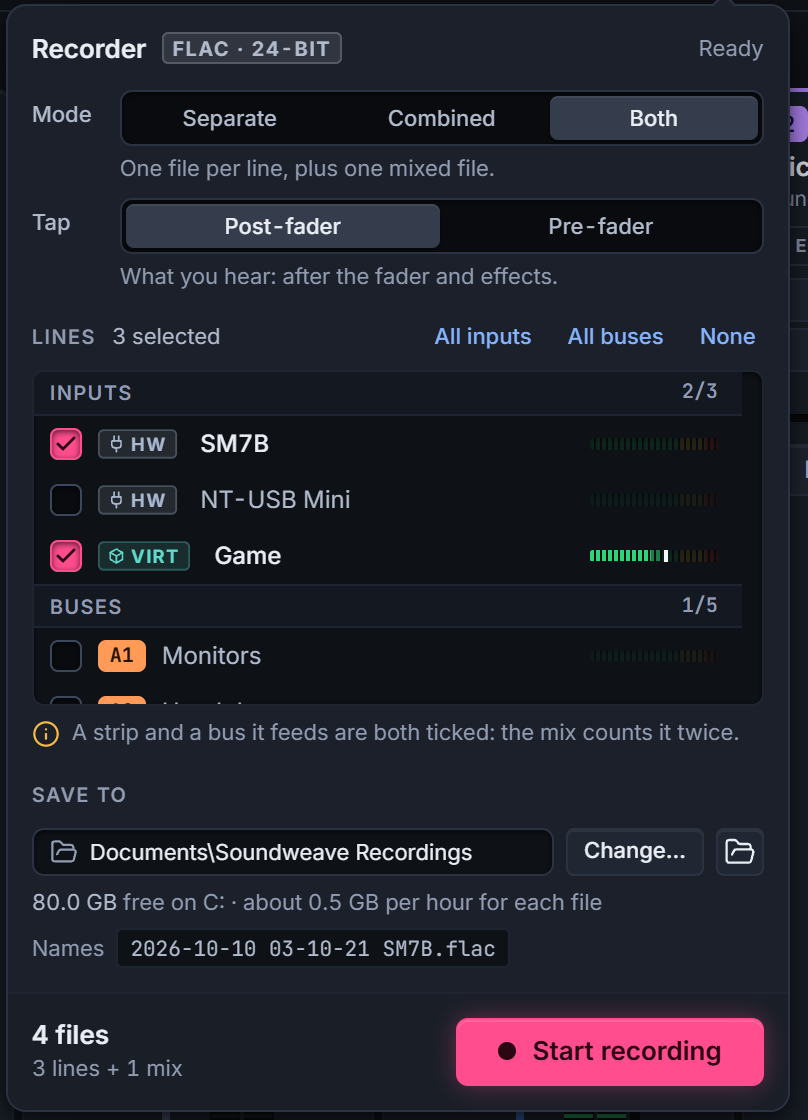 Recorder setup: mode Separate, Combined or Both, tap point, ticked lines and save folder