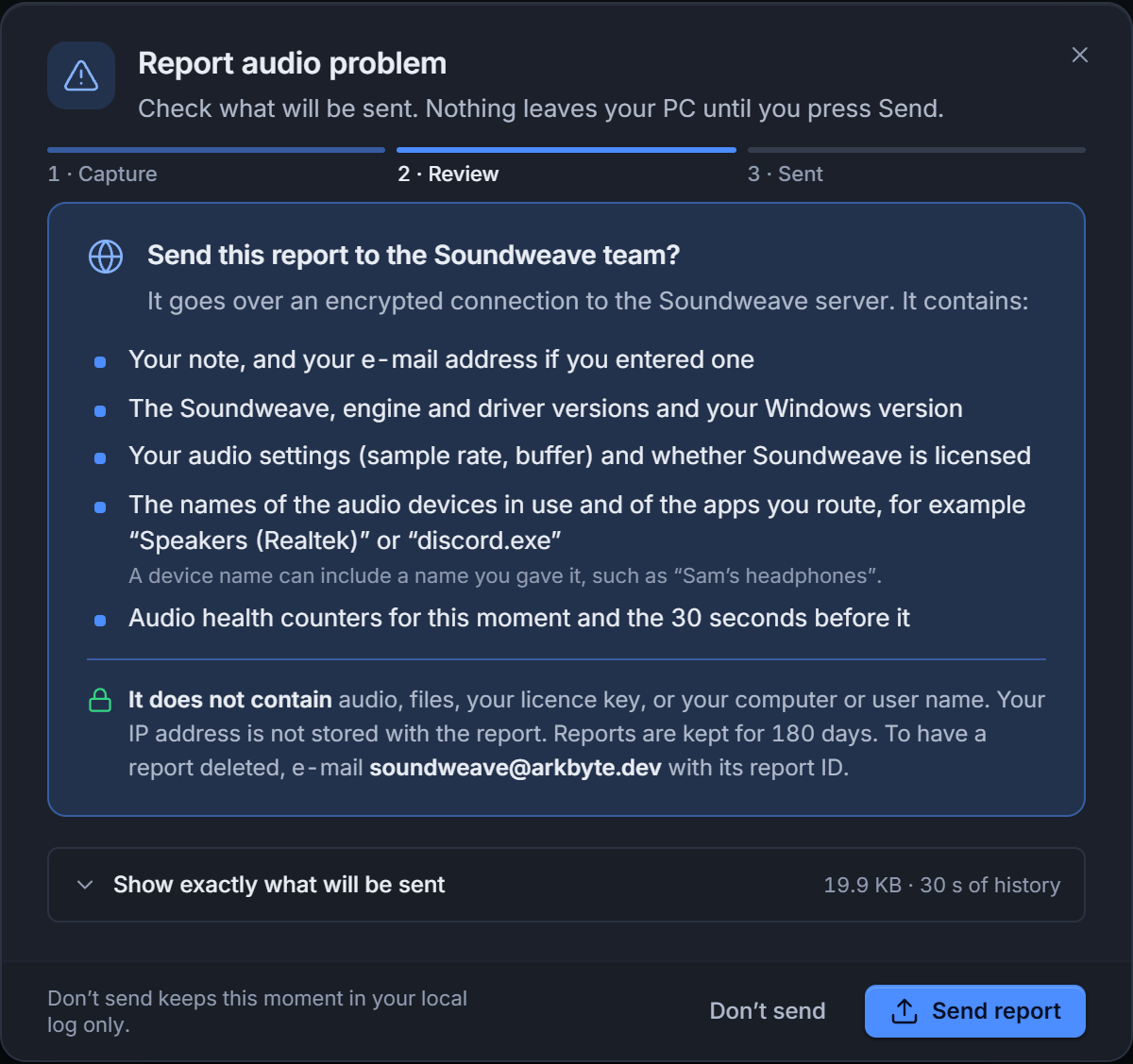 The review step of the report dialog listing what is sent to the Soundweave team and what is not