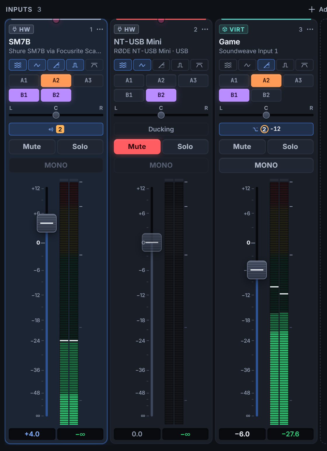 Four Soundweave input strips with routing buttons, mute, solo, mono, faders and level meters