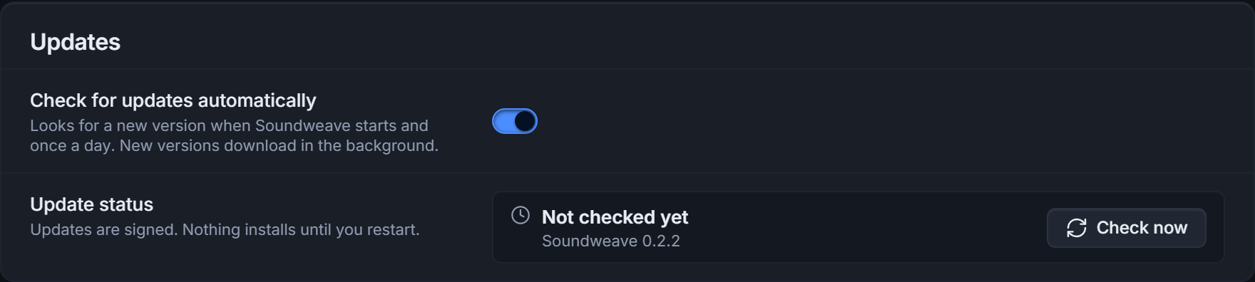 The Updates settings: check for updates automatically, and the update status with a Check now button
