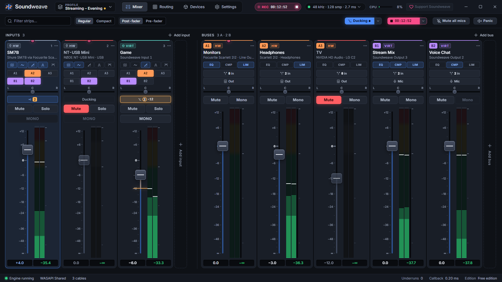 The full Soundweave mixer window with its input strips and output buses
